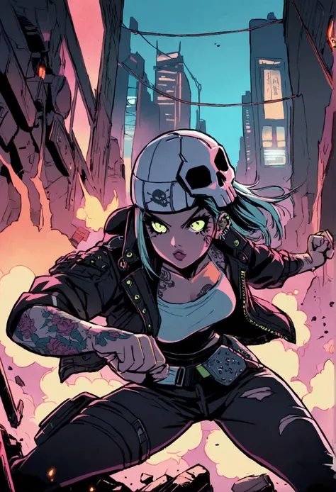 Cyberpunk Girl, skull helmet, texted clothes, illustration, very high quality, tattoos on piercings, rebel, kickass pose, weaponry and machinery, cybercity destroyed, explosions, cybernetics, full skull helmet, punk rock