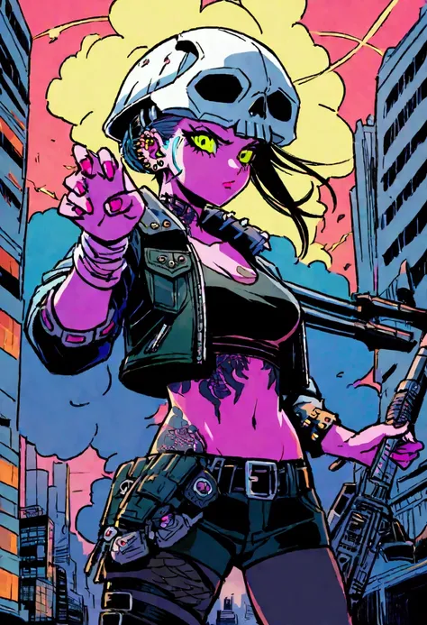 Cyberpunk Girl, skull helmet, texted clothes, illustration, very high quality, tattoos on piercings, rebel, kickass pose, weaponry and machinery, cybercity destroyed, explosions, cybernetics, full skull helmet, punk rock