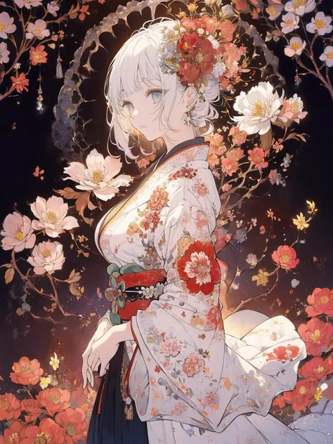 (Landscape photo, with a woman in the bottom right of photo:1.5, in white garden:1.5), Masterpiece, best quality, (very detailed CG unity 8k wallpaper), (best quality), High definition RAW color art, Animation,sculptures, (black Marble Skin), (((Ultra deta...