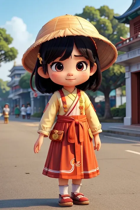 Characters that personify Vietnamese culture、Deformed cute girl、 Cute pose、Outdoor Scenery、An iconic landmark of her country、((Best Quality))