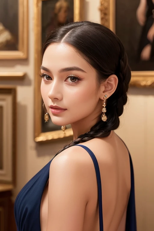 Best Quality　Age 25　close range　round face　Super beautiful woman　Moisturizing Lips　Navy backless dress　Braids　Glamorous Body　View paintings in a museum