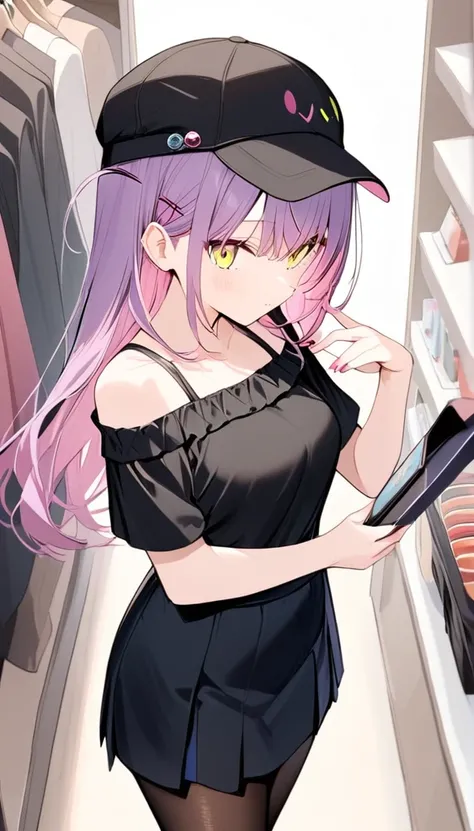 Towa Tokoyami、Small breasts、Hololive, Purple Hair, Yellow Eyes, Black casual wear、hat、Off-the-shoulder shirt、Miniskirt、tights、High heels、Round sunglasses、sexy、Red cheeks、Shopping