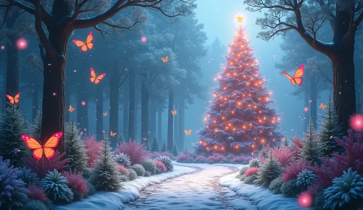 The dramatic view of a magical Christmas garden in bright daylight and very beautiful, like a bright fantasy world filled with bright colors, in the middle of the garden there is a path that leads to a very large magical Christmas tree filled with magical ...