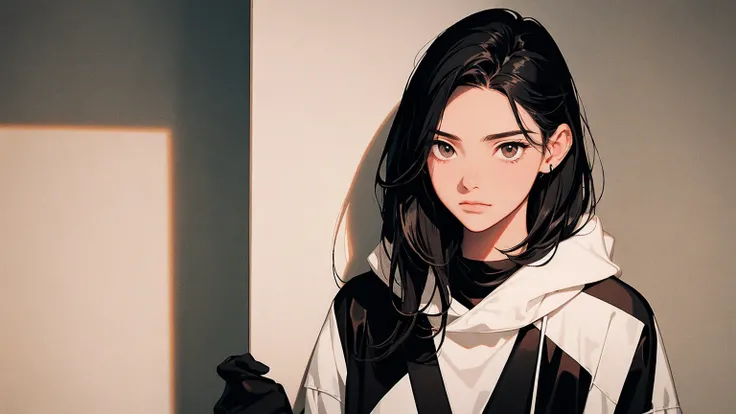 You are a top-tier professional photographer. In a 1980s Japanese animation style, depict a slender, tall, 20-year-old beautiful Japanese woman with long black hair and large brown eyes. She is holding a cassette tape in her left hand, with her right hand ...