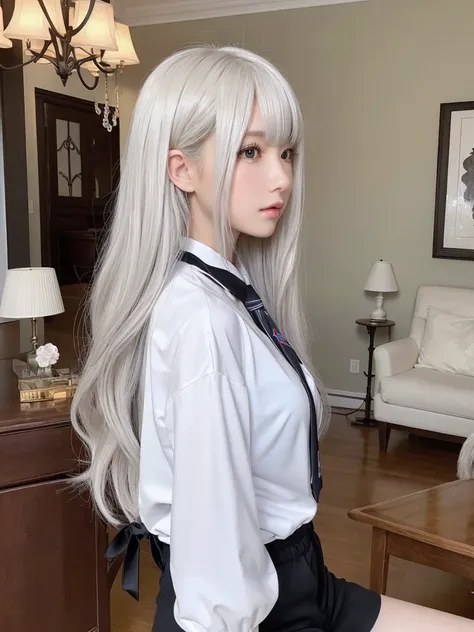 Masterpiece, precise, Anatomically correct, High resolution, 1 girl, Solo, long wavy hair, White hair, Tie your hair, White skin, Perfect body, Side view, White long-sleeved shirt, Black shorts, Anime style, background, living room, details, quality, detai...