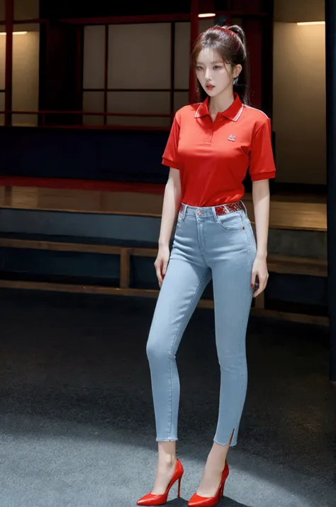 8k HD, hot korean woman wearing red polo shirt, skinny tight blue jeans, and red high heels. Full body from head to toe.Standing in a full height from head to toe.