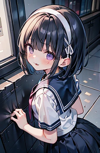 body 8 times longer than head, (Highly detailed CG unity 8k), (highest quality)，(very detailed)，(ultra high resolution), black hair, High school girl wearing a navy sailor suit, Anime 2D rendering, realistic young anime high school girl, ((White headband))...