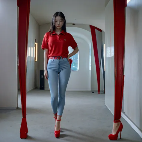 8k hd, hot korean woman wearing red polo shirt, skinny tight blue jeans, and red high heels. full body from head to toe.standing...