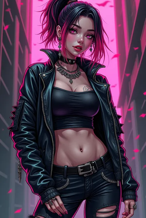 Illustration, textured clothes, Cyberpunk, vibrant colours, very high quality, comic book style, Halloween style, gothic style, piercings in tattoos, skulls and leather clothes, anime cartoon style, badass rebel, awesome hair and clothes, steal spikes, dar...