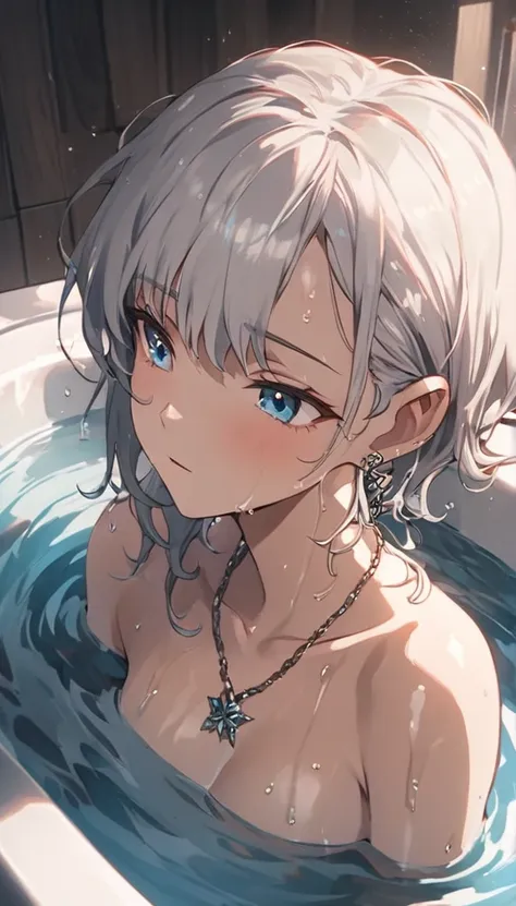 upset, k-pop style, sexy gal、bimbo, , light grey hair, clear blue eyes, cyan eyes, make eye contact, trying to relax, wet, wet h...