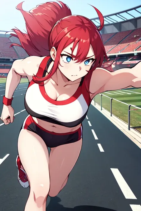 High resolution, masterpiece, 最high quality, High-resolution model, high quality, Ultra high definition, One girl、Red Hair、Long Hair、Ahoge、blue eyes、Large Breasts, Heavy breathing, Character profile, Athletics Stadium、runningシャツ、Black spats、running