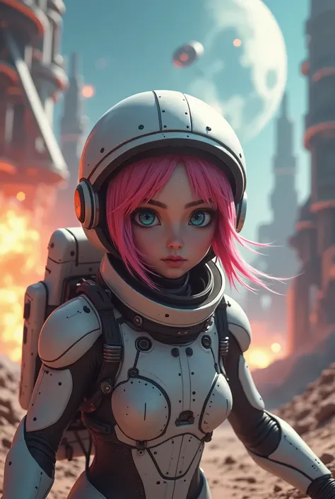 Foto real. (best quality: 1.2), 1girl, (closeup, pink hair, very long hair, okappa, flat chest, space station), flight, space, explosion, short hair, pink hair, blue eyes, cyberpunk, moon , meteor, space helmet,