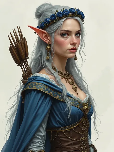 a beautiful elf woman, dressed in clothes from the middle ages, her hair is gray, she is crowned with a wreath of black  flowers, she is armed with bow and arrow, super realistic photo, 70mm camera lens, watercolor style art Full body