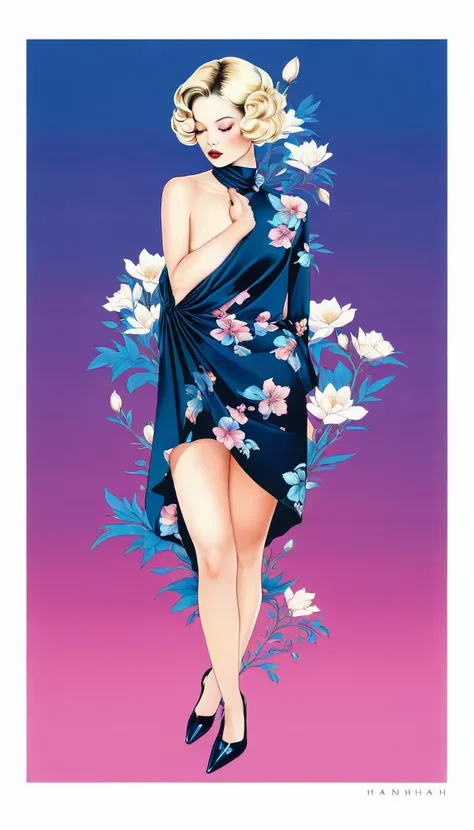 movie poster art for sensual illustration of an elegant , retro and vintage ,silky flower around body, matte painting, by Hannah Dale, by Harumi Hironaka, extremely soft colors, vibrant, pastel, highly detailed, digital artwork, high contrast, dramatic, Bl...