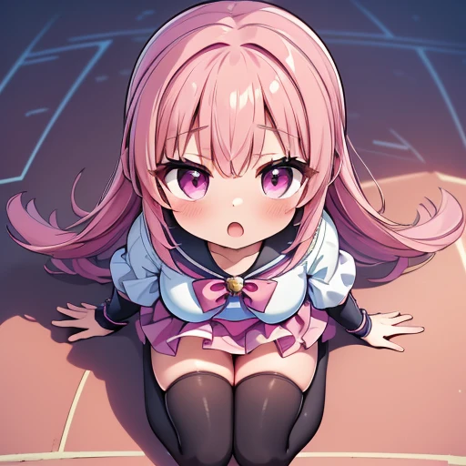 (8k、Best image quality、Best Quality、masterpiece)、Detailed face、(2 girls)、Improve、 (Magical Pink Girl Costume,Frilled mini skirt:1.2), (glamorous:1.2), (Huge breasts:1.1), (Open your mouth), (So embarrassing), Classroom Background, (Black Stockings:1.2), (T...