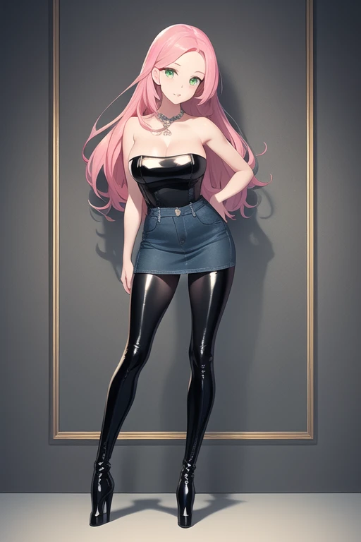 1 girl, 1, Long pink hair, Green eyes with elongated pupils, masterpiece, Best Quality, (stand up), (Denim dress), (tight strapless Denim dress, Patent leather high heel boots, Clevis),  (big , Super huge , 超超big, Glamorous Body), Look at the camera, Front...