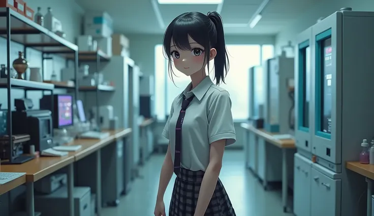 One Girl，(とてもcute女子高生:1.3)，masterpiece，Best Quality，High resolution，(((Photorealistic)))，RAW Photos，Ray Tracing，Physically Based Rendering，beautiful girl，(Age 15:1.4)，cute，(detailed pupils:1.2)，(Small Lab:1.3)，Open the door and enter the lab，Curious，Get en...