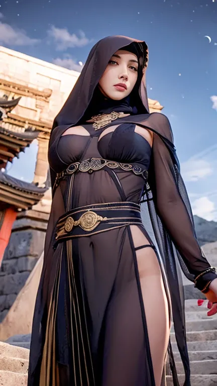 Realistic depiction、/(Ancient Assyrian town、Ur/), Only one female, Mature Woman,  /(Model: Christina Hendricks、Beauty/), /(Arabic style clothing、The face is covered with a see-through niqab/), Long black hair parted in the middle, Long face and narrow eyes...