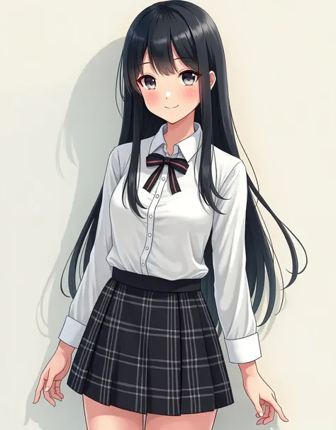 Smiling Japanese high school girl with long straight black hair。

The uniform is a white shirt。
The miniskirt is checkered and all black.。
The length of the hair is very long。
A painting that looks like a photograph, 32k