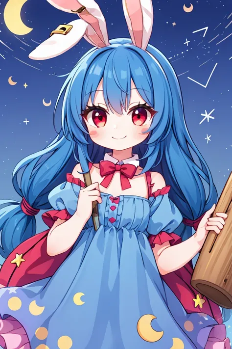 one girl, chest, long hair, blue hair, bunny ears, animal ears, frills, red eyes, looking at viewer, , ear clip, mallet, holding...