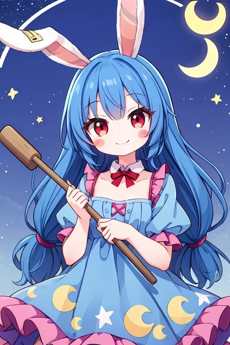 One girl, chest, Long Hair, Blue Hair, Bunny ears, Animal ears, Frills, Red eyes, looking at viewer, , Ear clip, Mallet, holding, Blue Dress,  stickers, Crescent moon pattern, Star print, smile