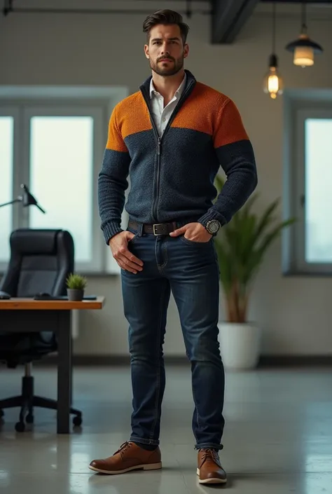 Handsome and muscular and virile and sexy man in casual clothes, with a modern and fashionable wool sweater of various colors, strong and muscular legs, large lump, 8k detail masterpiece ultra realistic high detail in office 