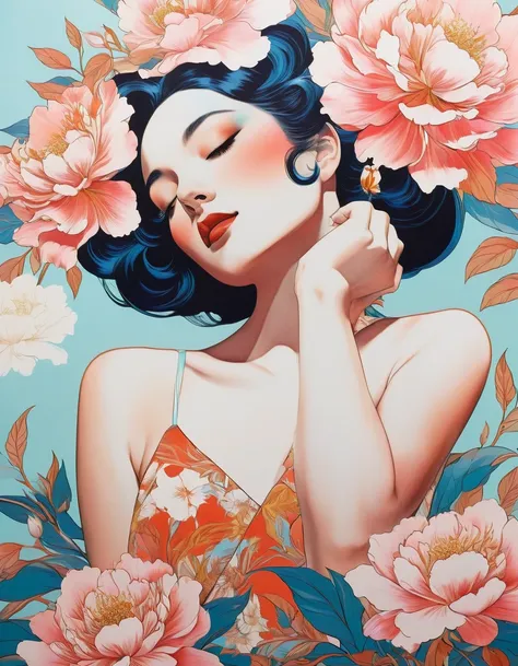 movie poster art for sensual illustration of an elegant , retro and vintage ,silky flower around body, matte painting, by Hannah Dale, by Harumi Hironaka, extremely soft colors, vibrant, pastel, highly detailed, digital artwork, high contrast, dramatic, Bl...