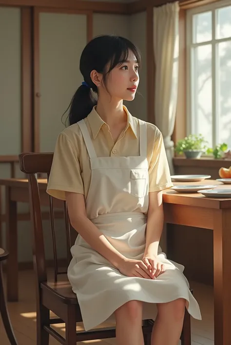 Realistic、Realistic、photo shoot、A Japanese woman waits for her husband to come home with food on the dining table、Age 25、Blouse and skirt、Wearing a white apron with pockets