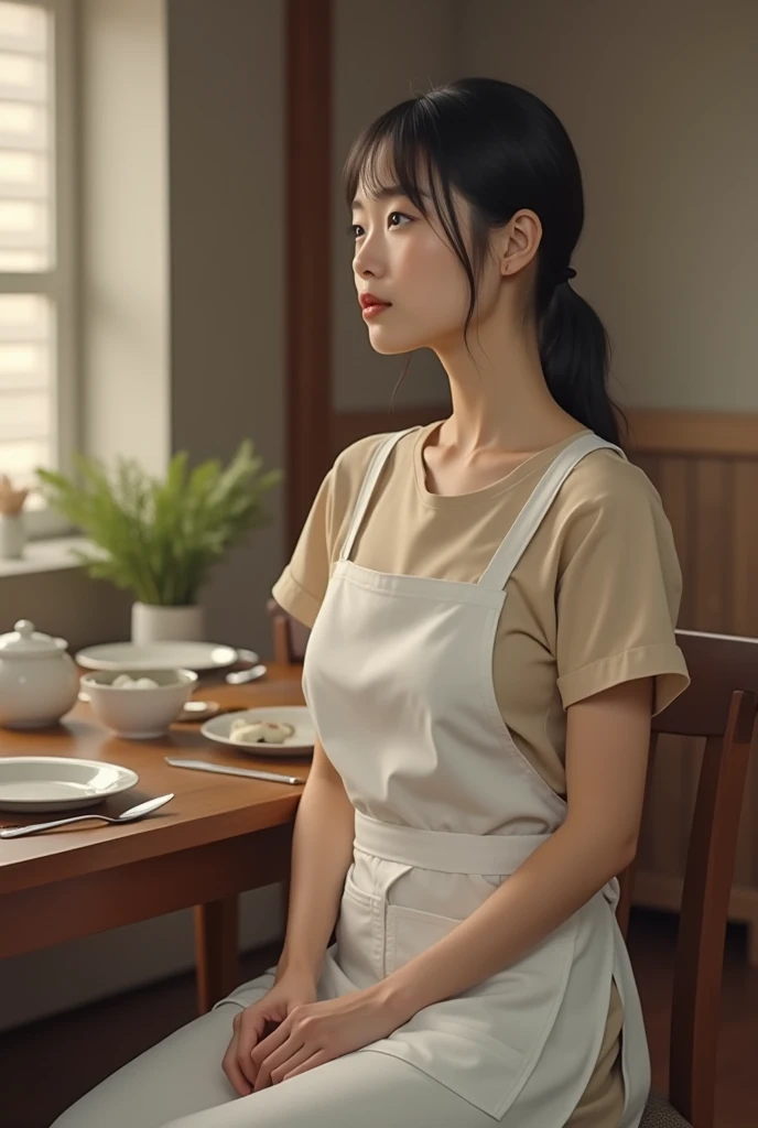 Realistic、Realistic、photo shoot、A Japanese woman waits for her husband to come home with food on the dining table、Age 25、Blouse and skirt、Wearing a white apron with pockets