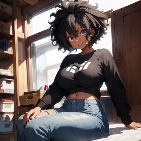 1 female, afro hair, black afro hair black girl afro hair, darker skin, brown skin, huge breast, thick legs, light blue eyes, black sweatshirt, blue jean, long jean, belly button long shirt, black nails, black lip, sexy lip, boots, home, bedroom, happy fac...