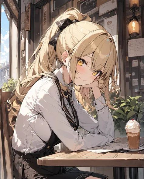 masterpiece, best quality, extremely detailed, cute girl, solo, blonde hair, yellow eyes, long ponytail, noon, cafe, table, sitting chair, smile 