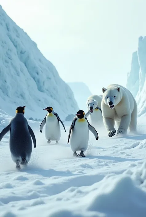 Group of penguins, scared, running, snow environment, iceberg, polar bears chasing penguins, hungry(masterpiece:1.2), ultra-detailed, perfect light, realistic, f cg realistic, 8k
