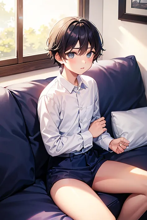 a boy in a bedroom, sitting on a sofa bed, wearing a white long sleeve shirt and navy blue underwear, best quality, masterpiece