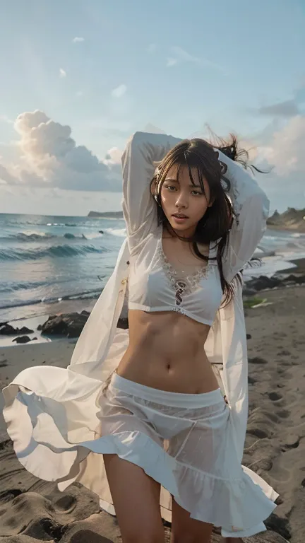 Bondage xcrossed girl on a windy beach,  a young Indonesian beauty on Windy beach, a young beautiful sweet Indonesian girl, twenty years old, slim beautiful body, georgeus sweet face, her beautiful hairs with a bangs are blown by the strong wind, wearing t...