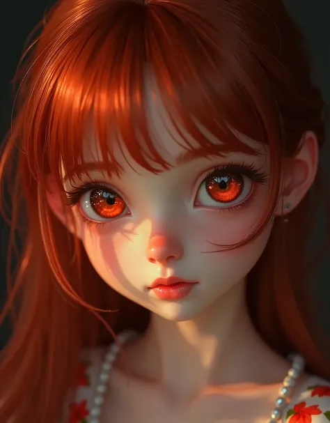 1 girl, star eye, blush, perfect lighting, Red hair, Eyes red, engine unreal, side lighting, face detailed, bangss, shining skin, simple background, darkness background, 32k