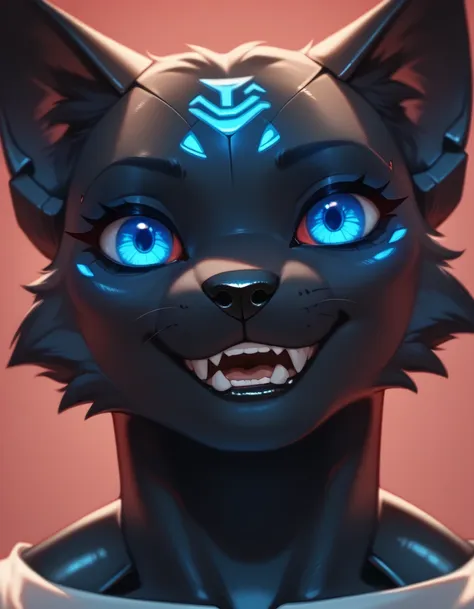 anthropomorphic female cat,(seductive:1.3),glowing blue eyes, black skin,robot body, precum,muscular build,8k highly detailed fa...