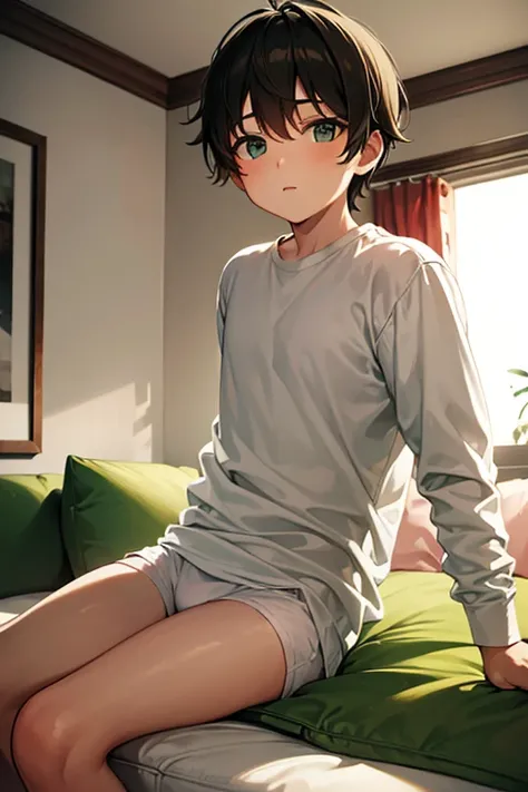 a boy in a bedroom, sitting on a sofa bed, wearing a white long sleeve shirt and moss green underwear, best quality, masterpiece