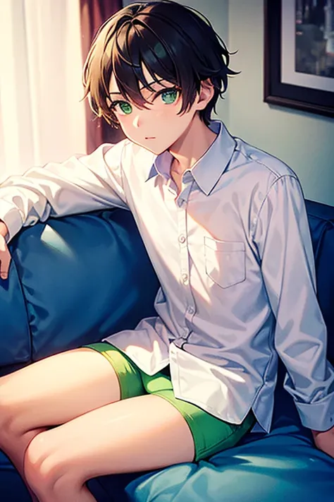 a boy in a bedroom, sitting on a sofa bed, wearing a white long sleeve shirt and bright green underwear, best quality, masterpiece