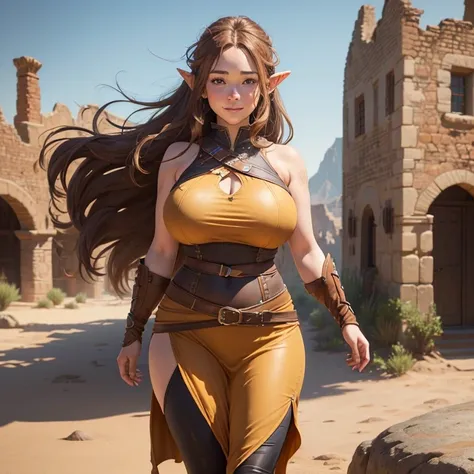 A beautiful village woman with a gentle smile, ((best quality))) (((HD))) (((8k))) (character) 20-year-old woman, ((adventurous)) elf, ((beautiful)), ((brown hair)) and ((very long hair)), voluptuous and Chunky Design, large breasts,  bewitching and thick ...