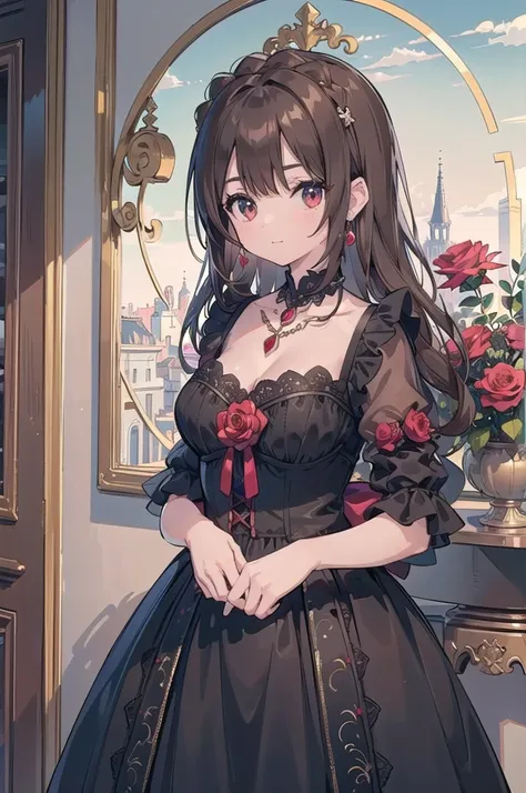 (Extremely detailed CG unit 8K wallpaper, masterpiece, Best quality ultra detailed), (Optimal lighting, The best shadow), 4 Spanish women, Mature, Square face, Necklace with a red rose on the neck, Wearing a black lace dress with red, Gold earrings, like m...