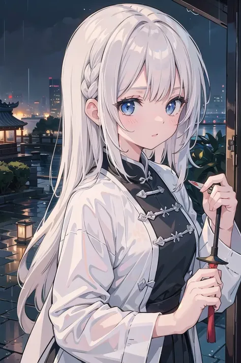 masterpiece, Best quality night, outdoor, rainy days, Branches, Chinese, Ancient China, 1 female, Mature women, Silver-white hair woman, Gray blue eyes, Light pink lips, cold, serious, Weak, Bangs, assassin, Short knife, White clothes, Black clothes patter...