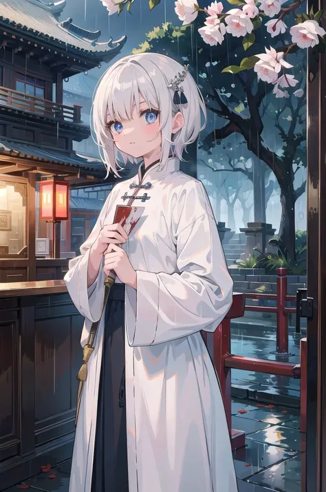 masterpiece, Best quality night, outdoor, rainy days, Branches, Chinese, Ancient China, 1 female, Mature women, Silver-white hair woman, Gray blue eyes, Light pink lips, cold, serious, Weak, Bangs, assassin, Short knife, White clothes, Black clothes patter...