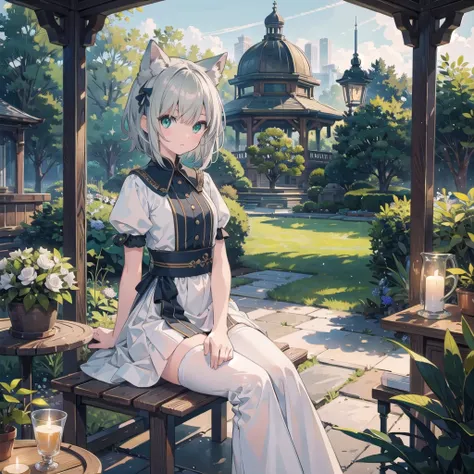 masterpiece, Best quality ultra detailed,Ultra Detail, cinematic Light,, 1 Girl, Solitary, sit, Outdoor, Gazebo, sitting in the Gazebo,  plant, table, Chandelier, Candle, wind, Green eyes greenish silver hair, Short hair, animal_ears, animal_ear_Brushed, F...