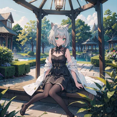 masterpiece, Best quality ultra detailed,Ultra Detail, cinematic Light,, 1 Girl, Solitary, sit, Outdoor, Gazebo, sitting in the Gazebo,  plant, table, Chandelier, Candle, wind, Green eyes greenish silver hair, Short hair, animal_ears, animal_ear_Brushed, F...