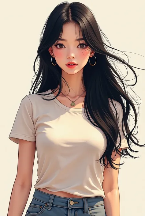 Korean comics, medium body shot,A casual outfit and beautiful woman,facing forward,long black hair.