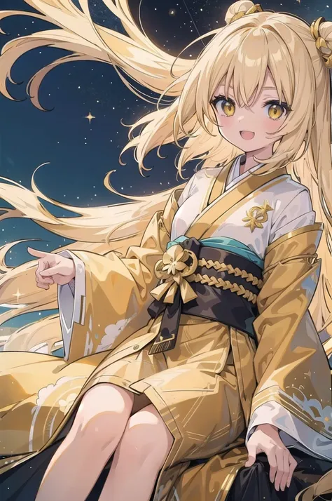 girl, Flowing blond hair, Yellow eyes, Golden Imperial Clothes, Neckline, Japanese cartoons, Background with clear sky and twinkling lights, Dynamic Angle, Arrogant laughter