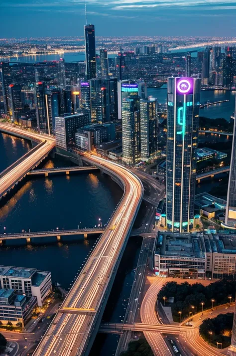 "A bustling futuristic cityscape at night, with towering skyscrapers adorned in holographic advertisements and neon lights. The sky is filled with flying cars zooming through digital traffic lanes, while below, streets are lined with autonomous robots inte...