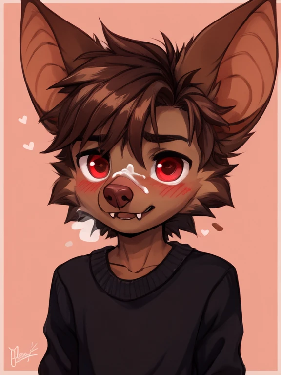 young, slim, bat, brown fur, lighter brown fur details, lighter fur around eyes, red eyes, over sized long sweater, small black shorts, fangs, male, dog nose, cun on face, blushing