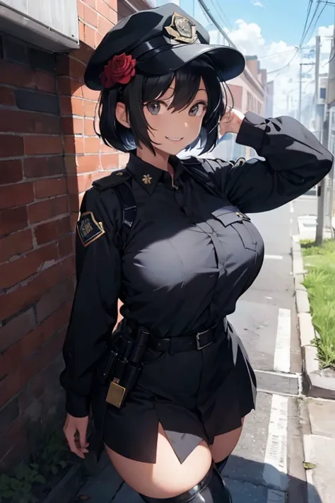 1 female, black hair, short hair, rose flower, police clothes, police short, police hat, black police clothes, black boots, huge breast, thick legs, police office, blue sky, happy face