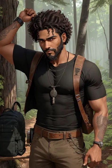 Male character approximately 30 years old, dark brown skin leaning towards black, descendant of Indians and Africans, with an athletic physical type, brown eyes, Curly Hair Cut/rolled up/short wavy in black color, short black beard, wears brown mechanic st...